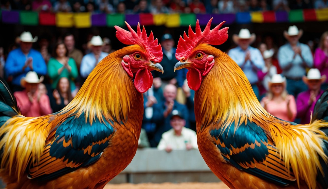 Dua ayam jantan berhadapan di arena yang ramai, dikelilingi oleh penonton yang bersorak dan spanduk berwarna-warni