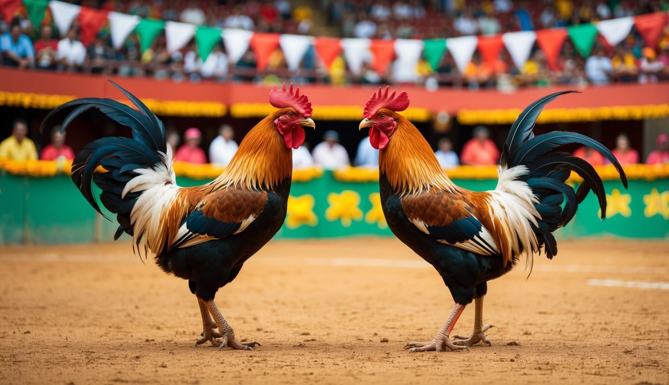 Dua ayam jantan berhadapan di arena sabung ayam tradisional, dikelilingi oleh penonton yang bersorak dan dekorasi berwarna-warni.