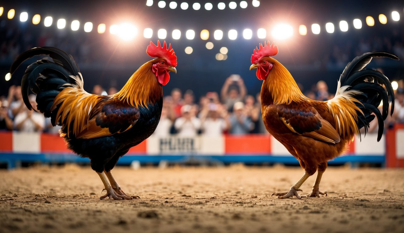 Dua ayam jantan berhadapan di arena sabung ayam online yang ramai, dikelilingi oleh penonton yang bersorak dan lampu yang berkedip.