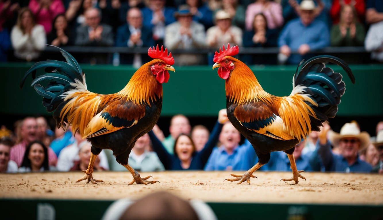 Dua ayam jantan bertarung di arena yang ramai, dikelilingi oleh penonton yang bersorak