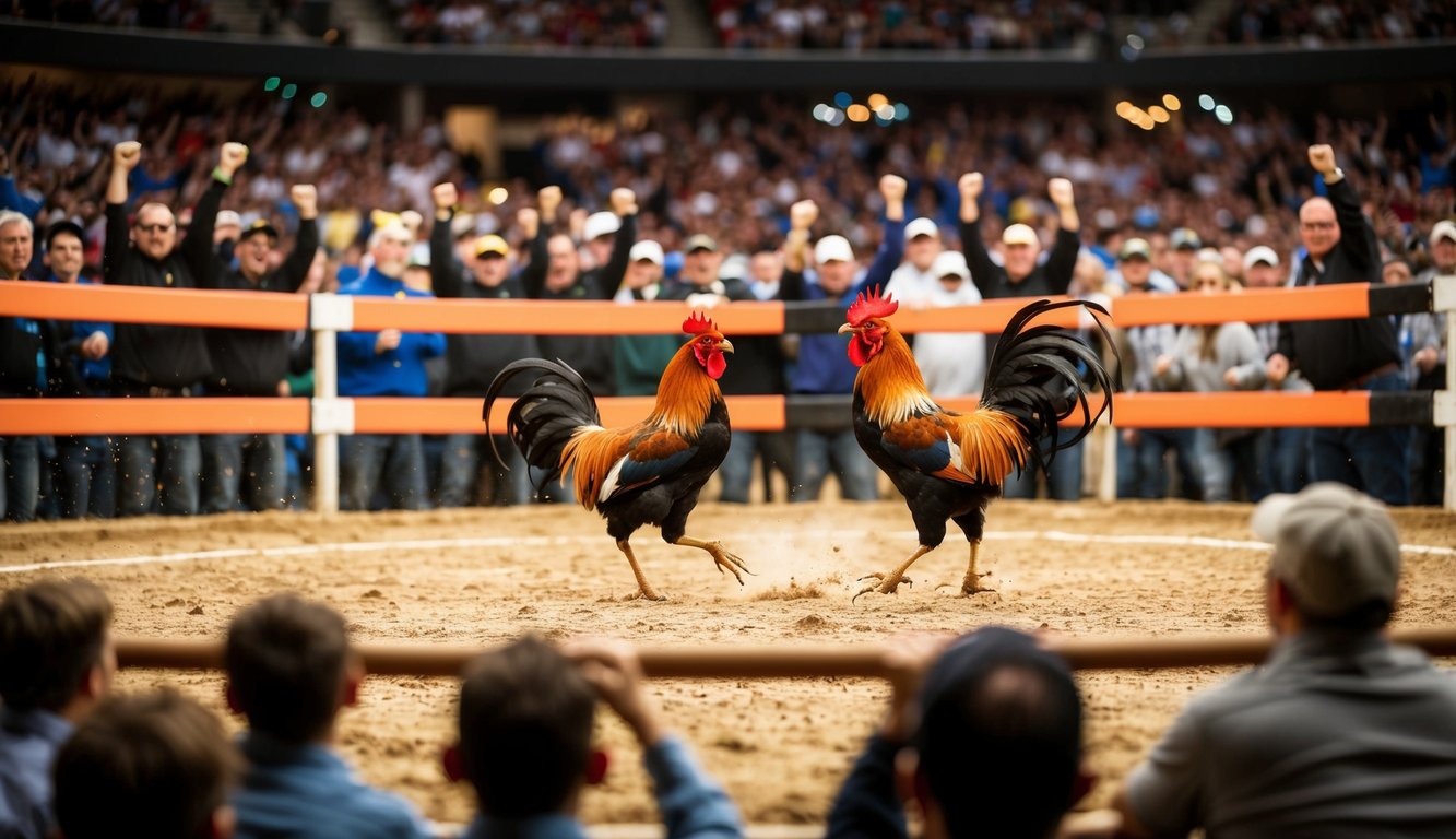 Sebuah arena yang ramai dengan ayam jantan bertarung, dikelilingi oleh penonton yang bersorak.