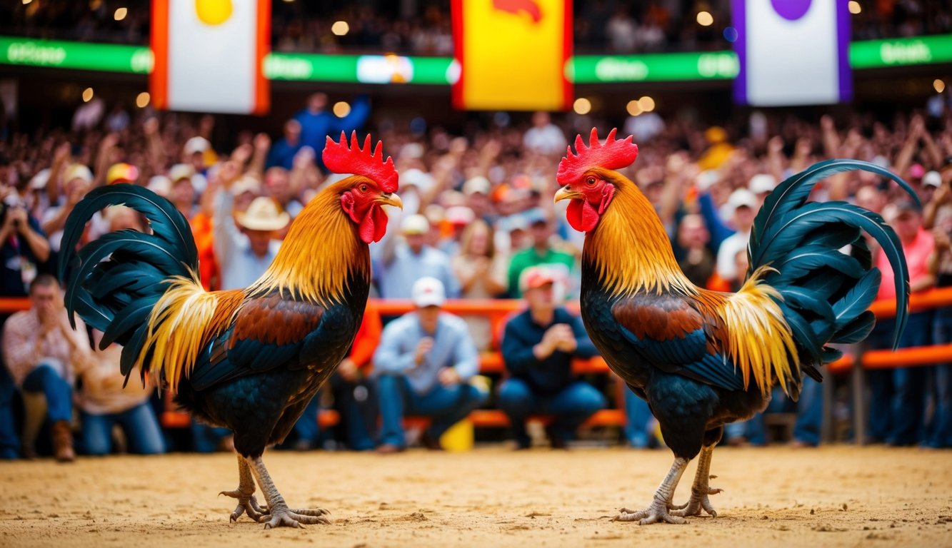 Dua ayam jantan berhadapan di arena yang ramai, dikelilingi oleh penonton yang bersorak dan spanduk berwarna-warni