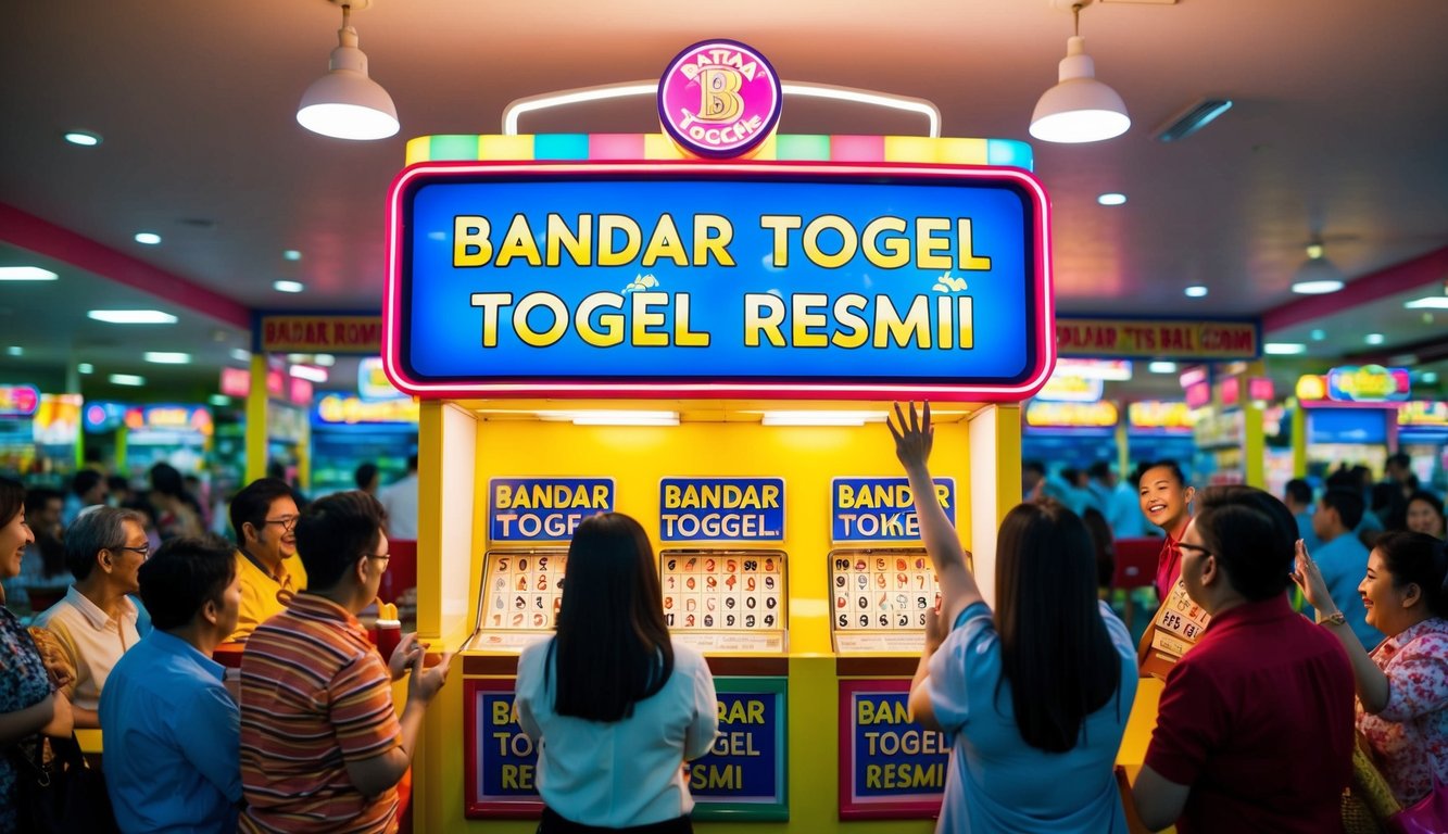 Sebuah stan tiket lotere yang berwarna-warni dan cerah dengan tanda besar bertuliskan "Bandar Togel Resmi" dikelilingi oleh pelanggan yang bersemangat