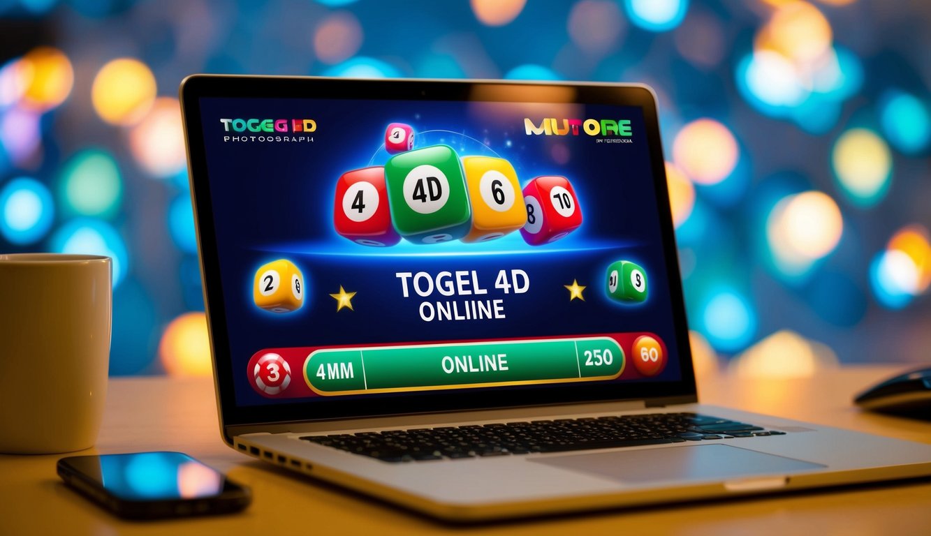 Antarmuka digital yang bersinar menampilkan Togel 4D Online dengan grafik dan angka berwarna-warni