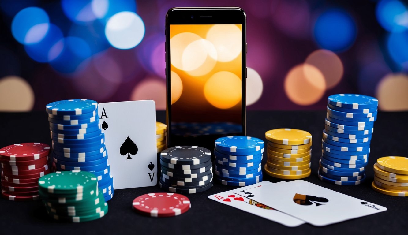 Sebuah smartphone dengan layar yang bersinar, dikelilingi oleh tumpukan chip poker berwarna-warni dan sekumpulan kartu.