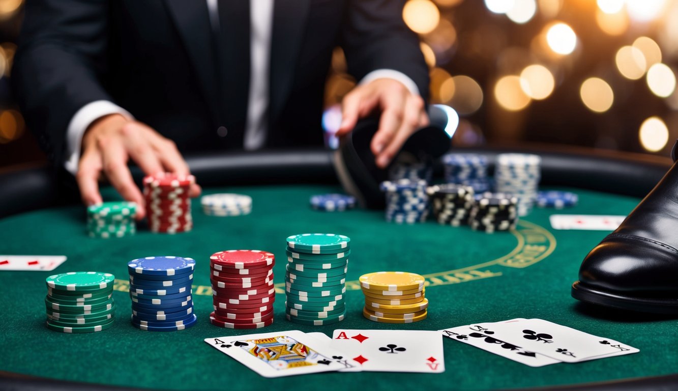 Sekelompok chip poker berwarna-warni tersebar di atas meja felt hijau, dikelilingi oleh kartu dan sepatu dealer