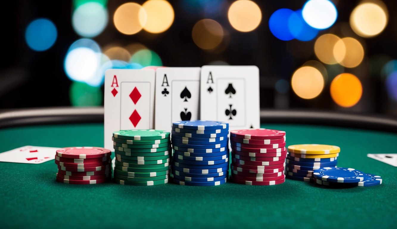 Sekelompok chip poker berwarna-warni tersebar di atas meja felt hijau, dengan kartu dan tombol dealer di latar belakang