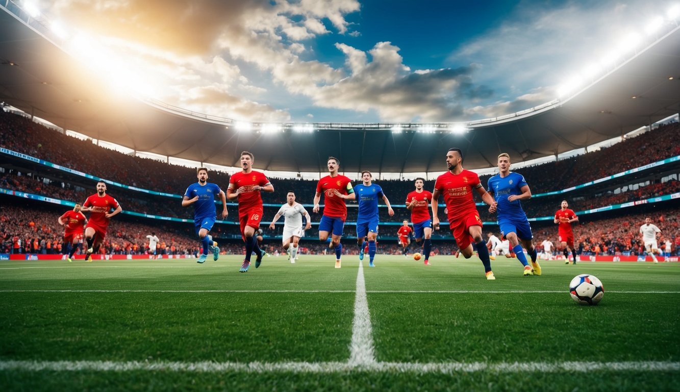 Sebuah stadion olahraga yang dinamis dengan penggemar yang bersorak dan pemain yang beraksi