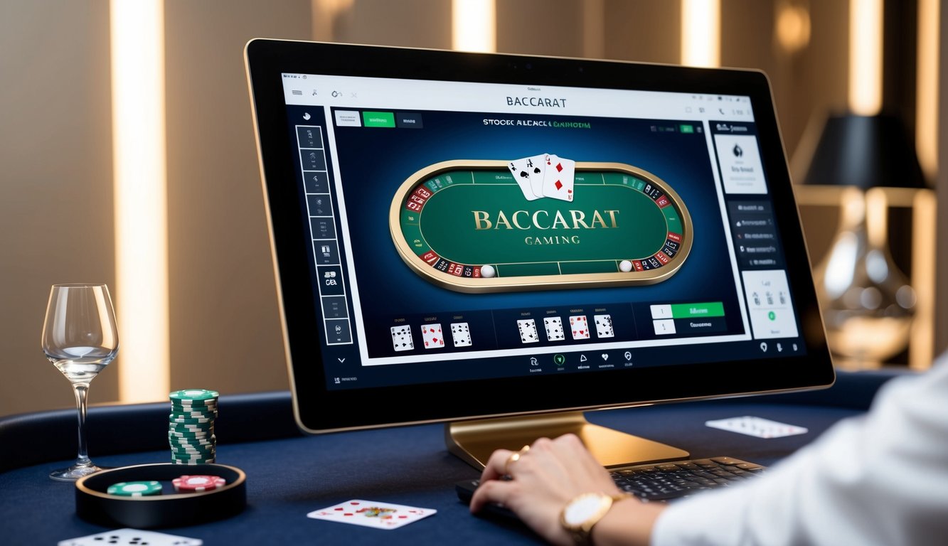 Antarmuka permainan baccarat online yang ramping dan modern dengan meja dan kartu virtual, diatur di latar belakang yang canggih