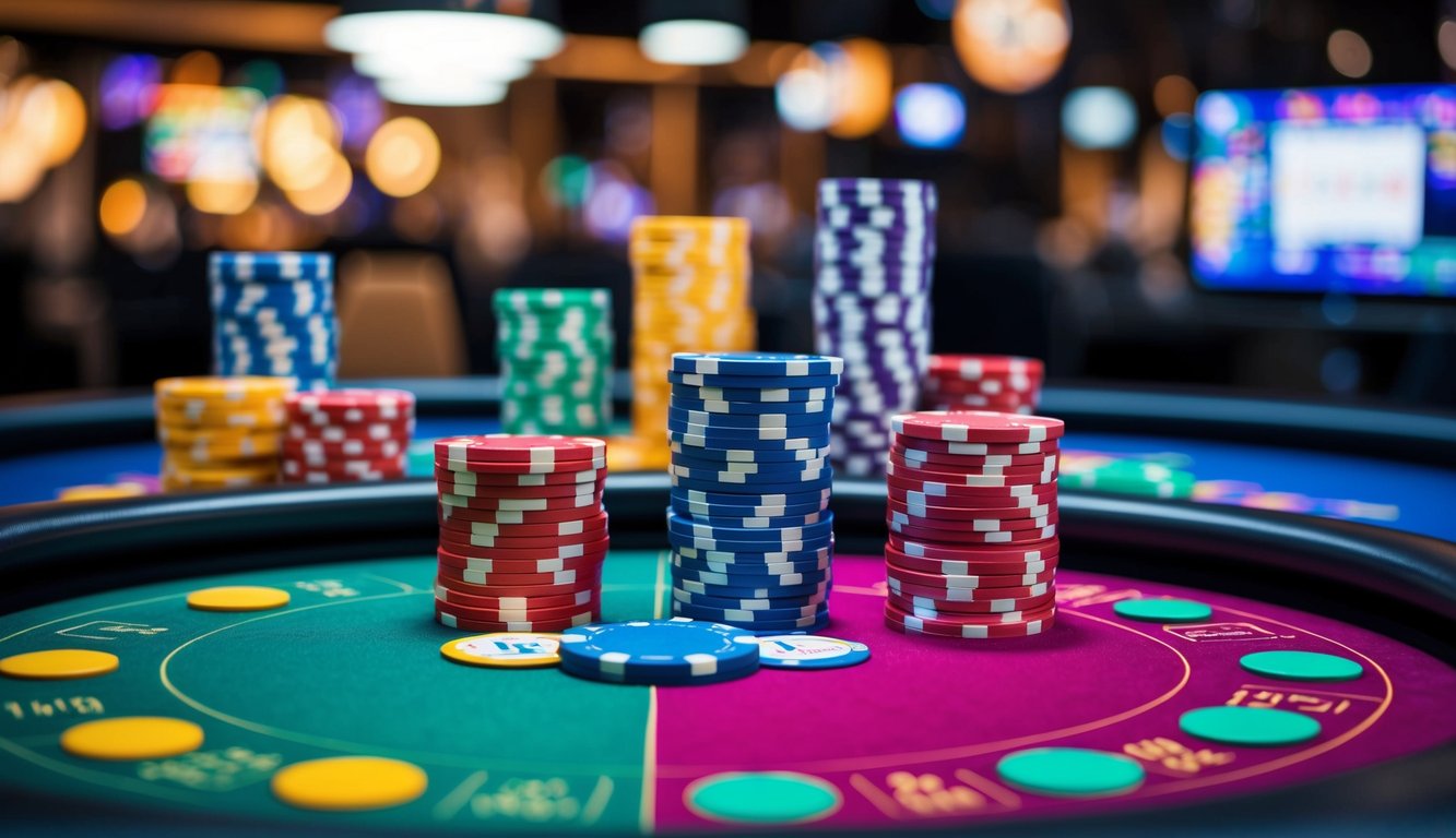 Situs poker online yang hidup dengan berbagai pilihan permainan, digambarkan melalui meja permainan berwarna-warni dan chip virtual