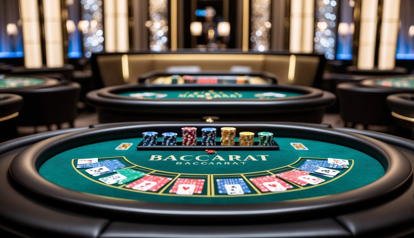 Sebuah meja baccarat yang ramping dan modern dengan chip dan kartu berwarna-warni, diletakkan di latar belakang yang mewah dengan pencahayaan elegan dan suasana yang canggih