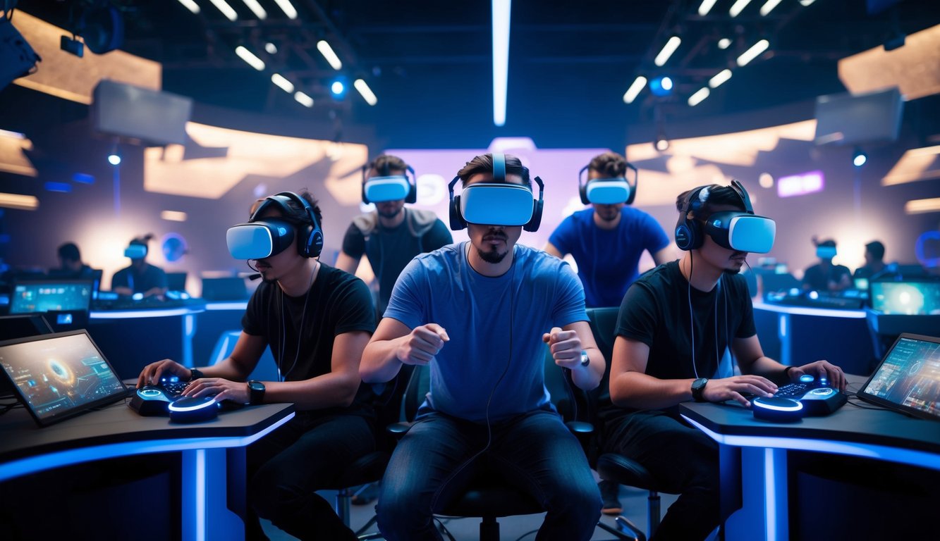 Sekelompok gamer yang intens bersaing di arena realitas virtual futuristik, dikelilingi oleh peralatan canggih dan lampu berkedip.