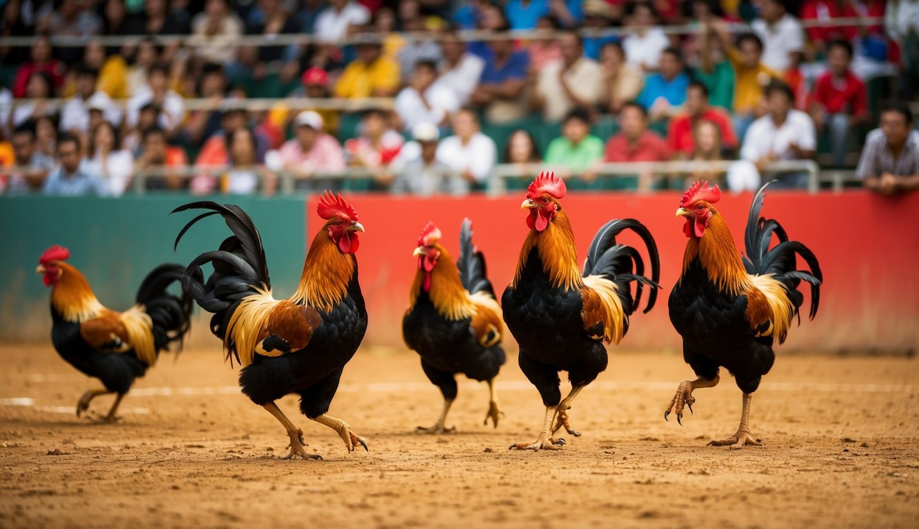 Sebuah arena sabung ayam yang meriah dengan penonton yang bersorak dan ayam jantan yang bertarung sengit