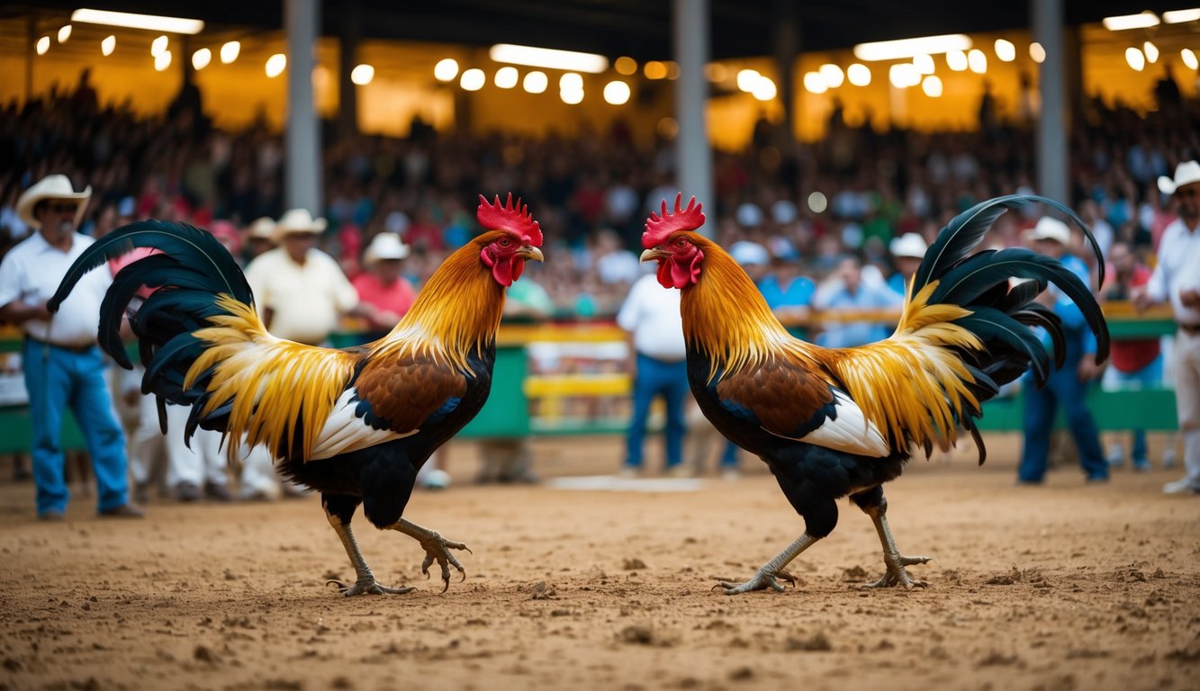 Sebuah arena yang ramai dengan ayam jantan berbulu warna-warni berhadapan dalam pertarungan ayam, dikelilingi oleh penonton yang antusias