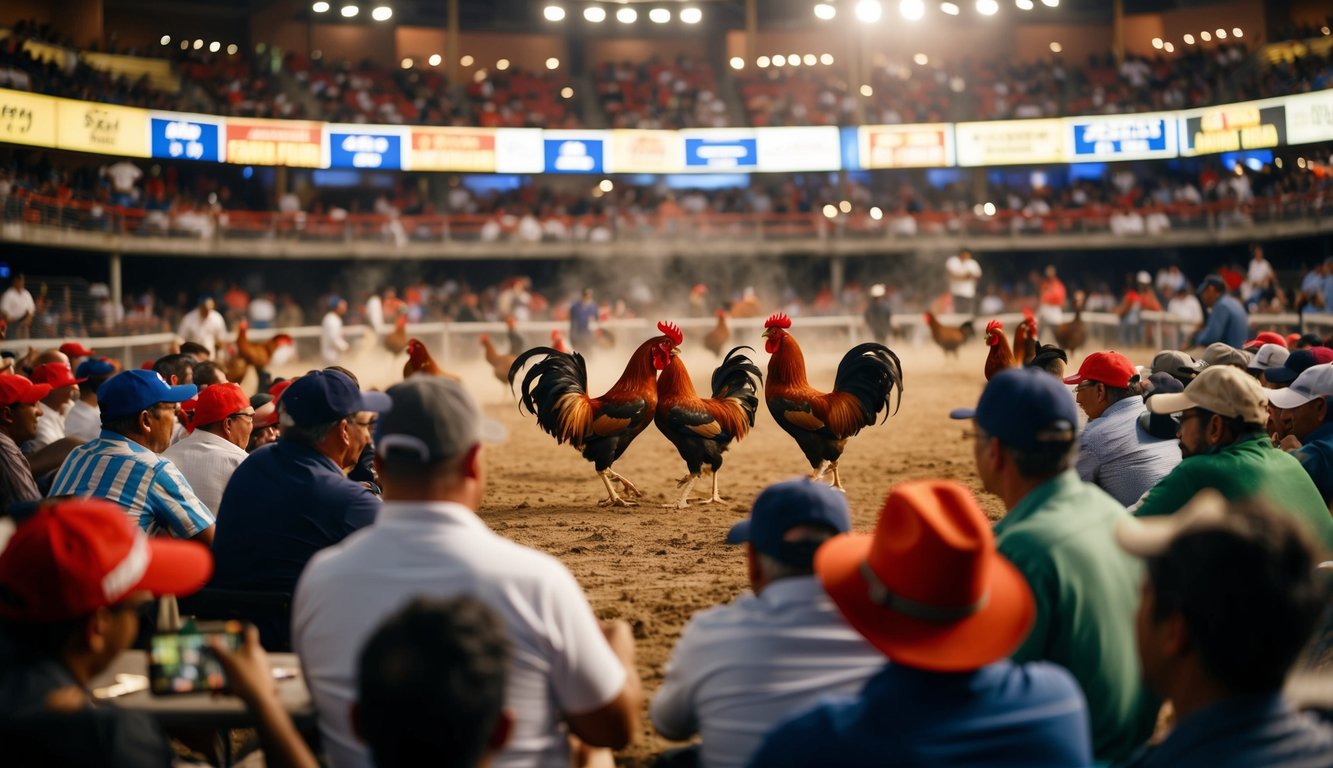 Sebuah arena yang ramai dengan ayam jantan bertarung, dikelilingi oleh penonton yang memasang taruhan secara real-time di situs sabung ayam online