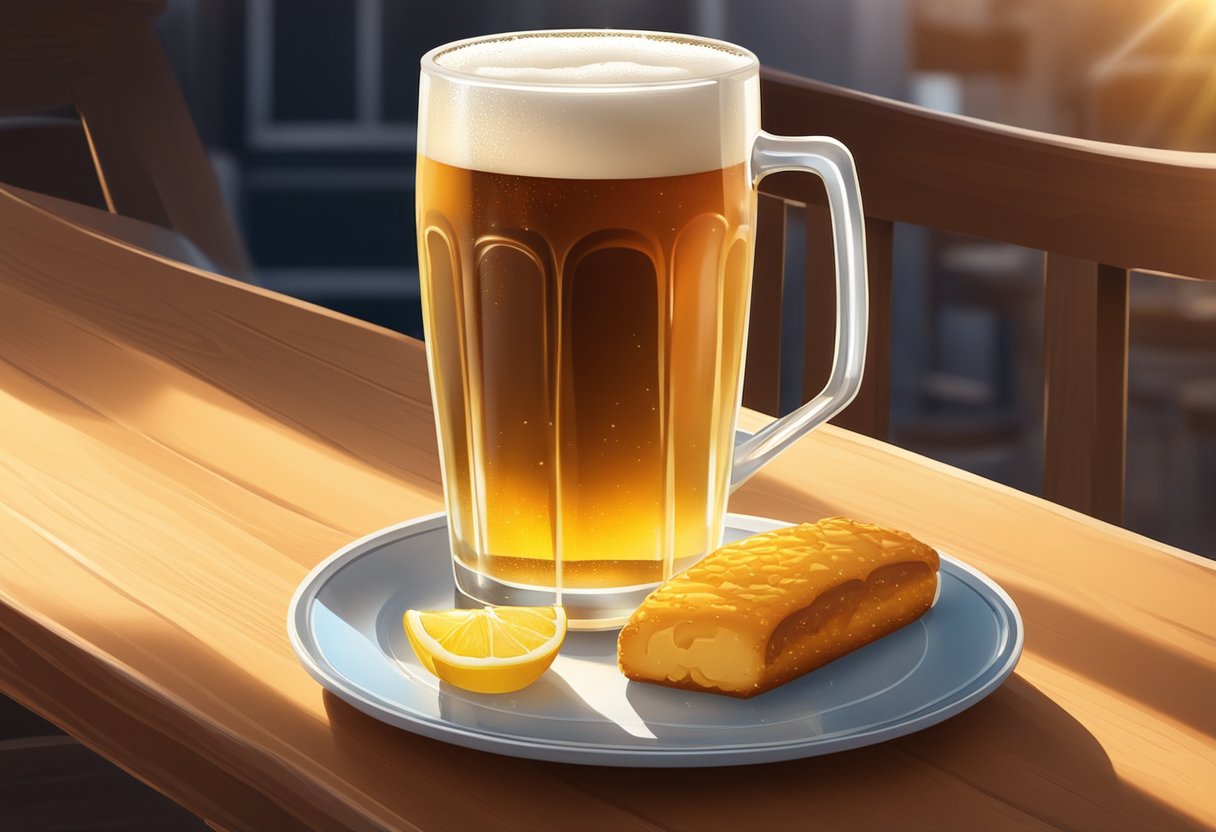 Et koldt, frostet glas øl står på et træbord ved siden af en tallerken mad. Den ravfarvede væske funkler i sollyset og lokker beskueren.