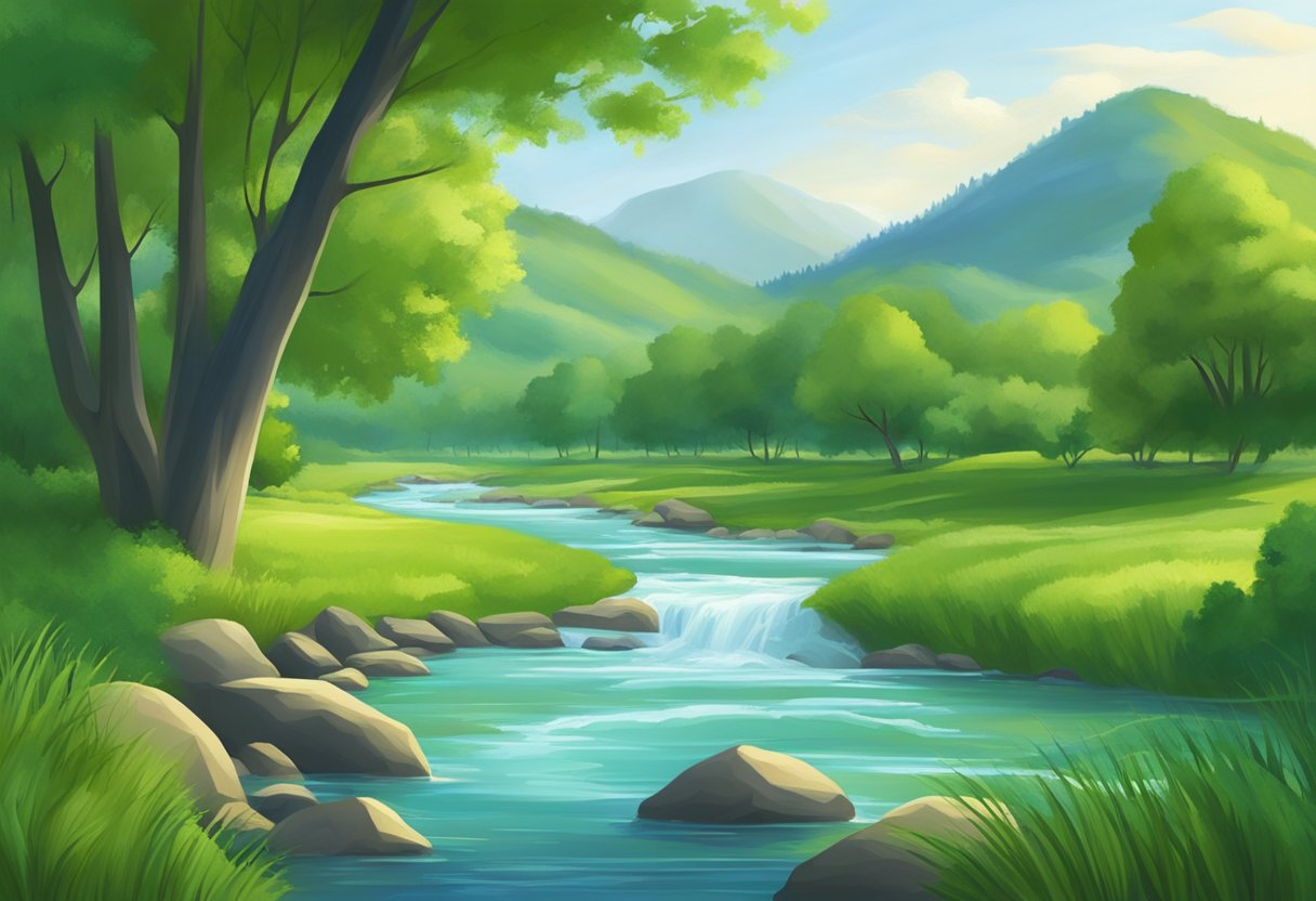 A serene river flowing through a lush, green landscape, with a sense of tranquility and ease emanating from the scene