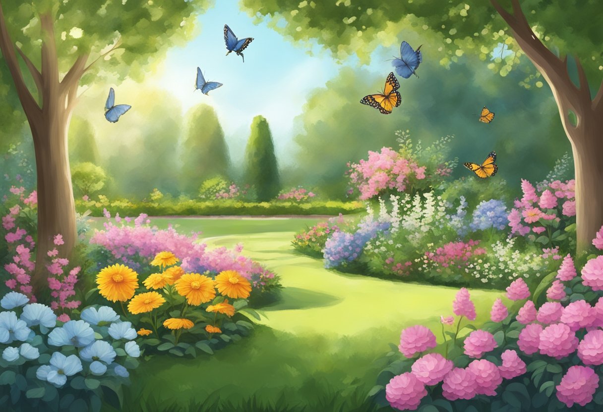 A serene garden with blooming flowers and butterflies, surrounded by gentle sunlight and a peaceful atmosphere
