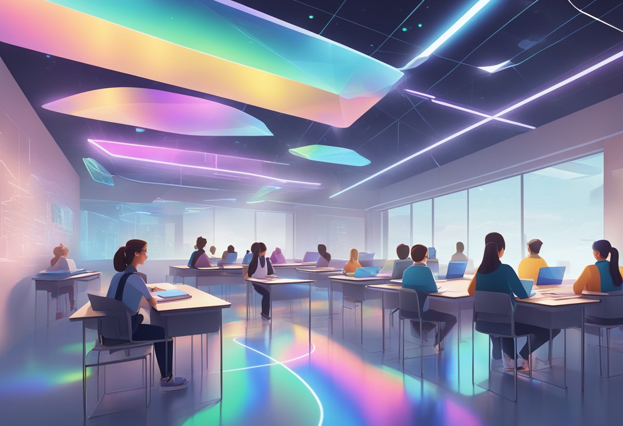 A futuristic classroom with holographic notebooks floating around students