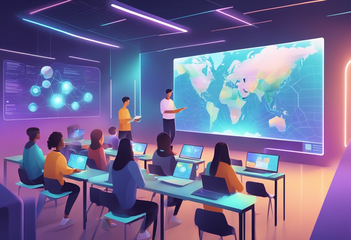 A futuristic classroom with students using Notebooklm on holographic screens, showcasing its advanced AI capabilities for learning in 2025