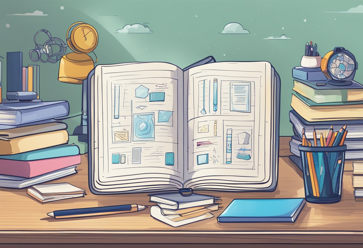 An AI notebook sits open on a desk, surrounded by textbooks and study materials. It displays helpful study aids and resources for students
