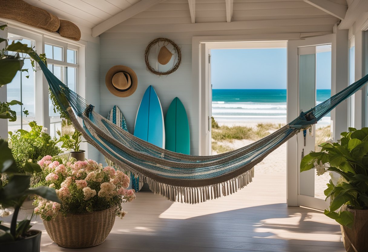 A cozy beachfront cottage with a hammock and surfboards leaning against the wall, surrounded by blooming flowers and a clear blue sky