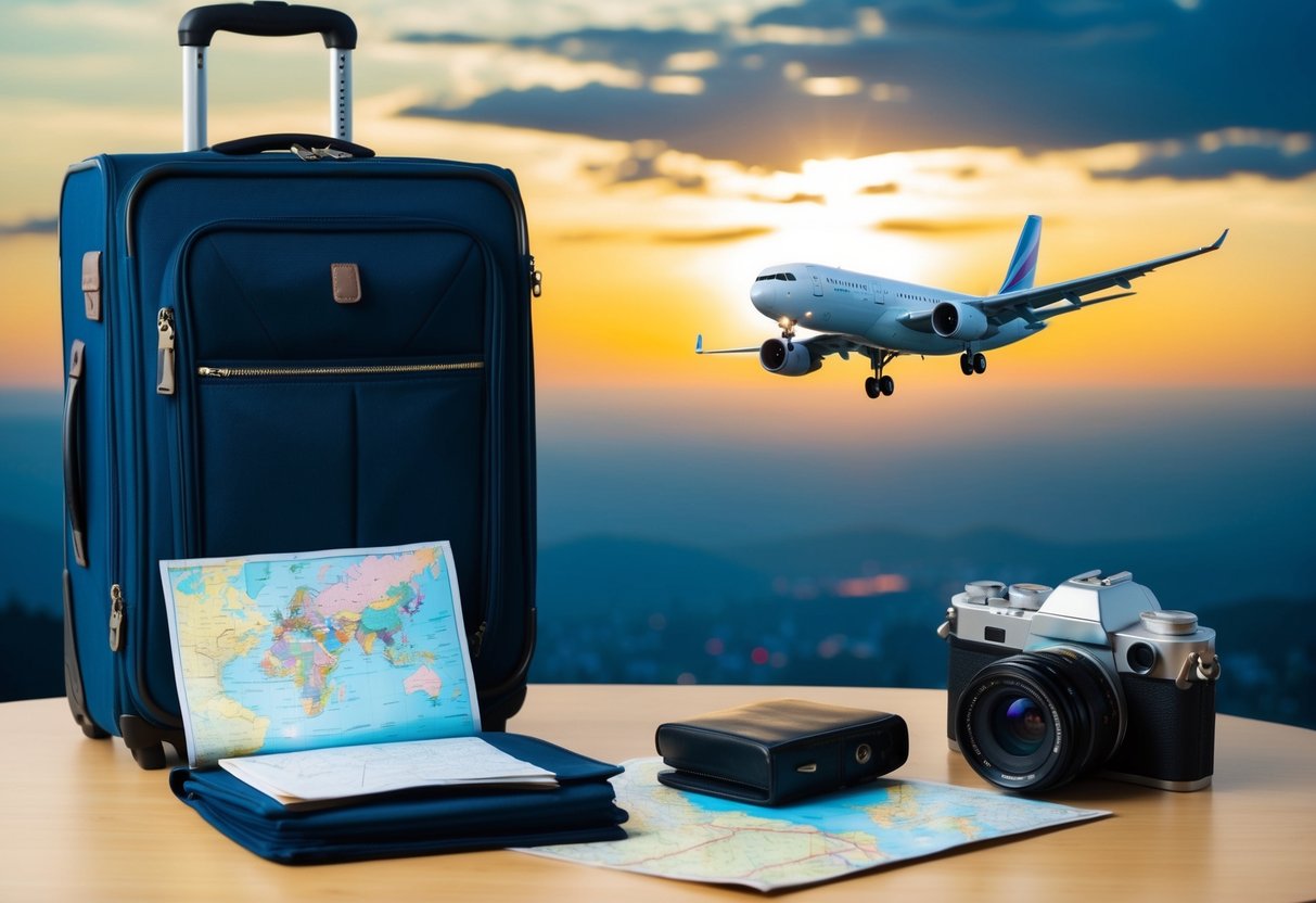 Travel a suitcase map and camera with a airplane in a beautiful sunset 