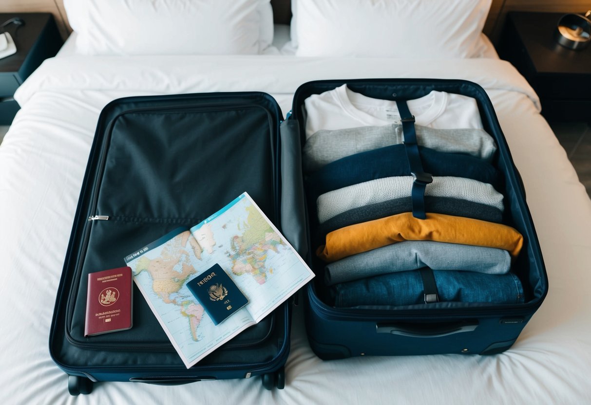 top 4 travel tips packing for travel suitcase open on bed with clothing and passport map 