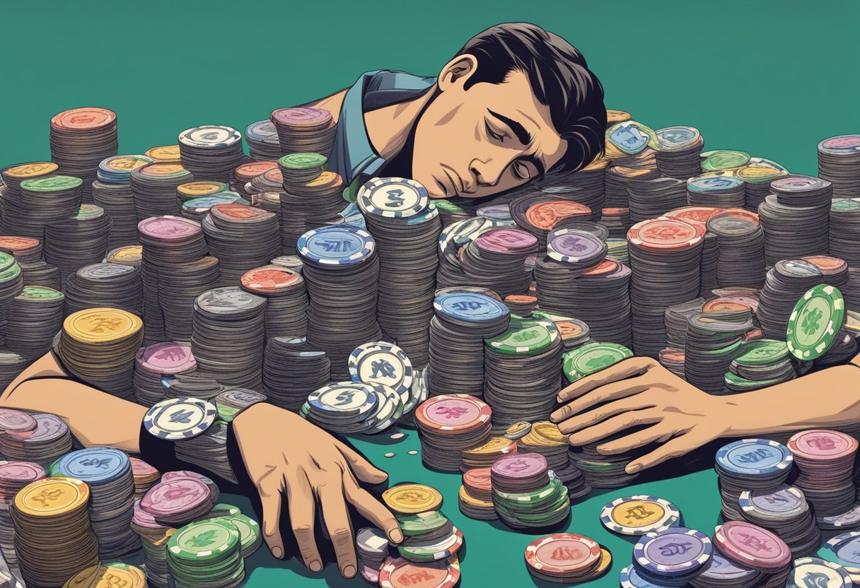 A person surrounded by stacks of gambling chips, lottery tickets, and casino cards, with a look of desperation and anxiety on their face