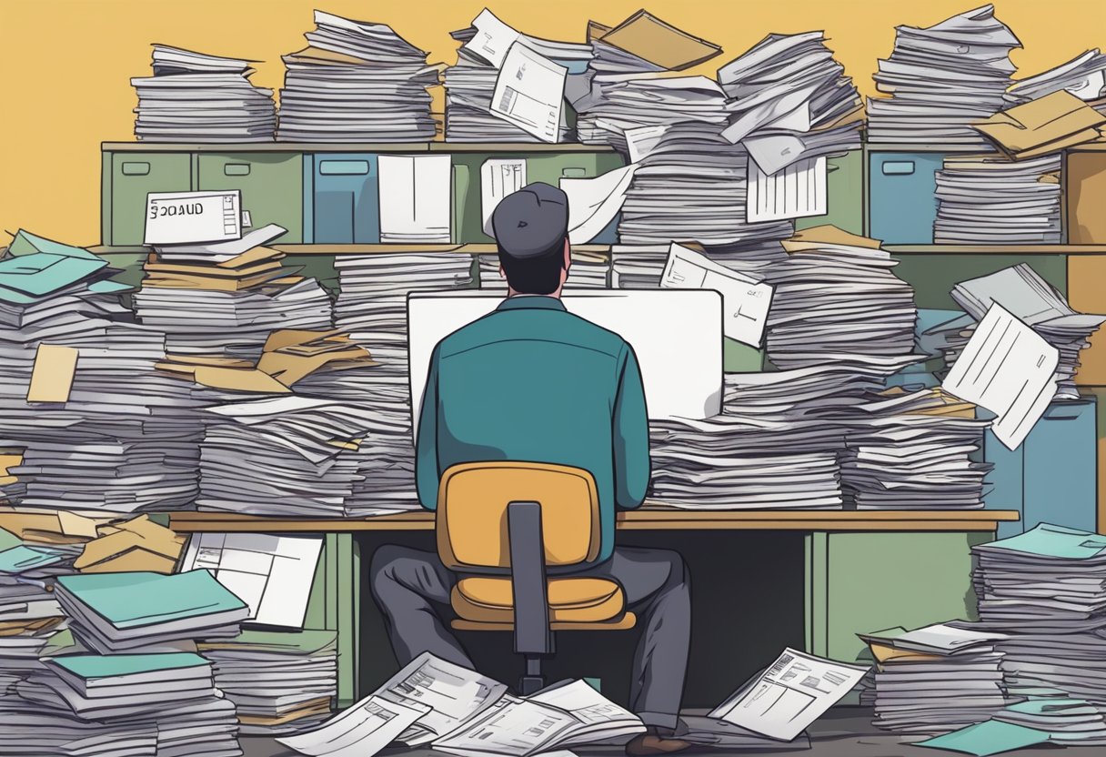 A person surrounded by stacks of unpaid bills and empty bank statements. A calendar with missed deadlines and a pile of pawned belongings