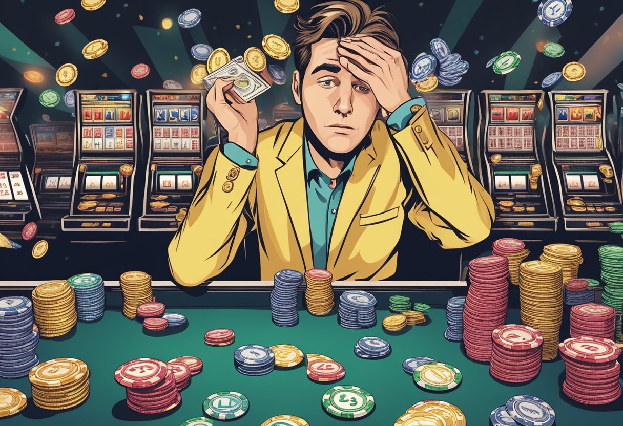 A person surrounded by gambling chips, cards, and slot machines, with a look of desperation on their face, sweating and shaking