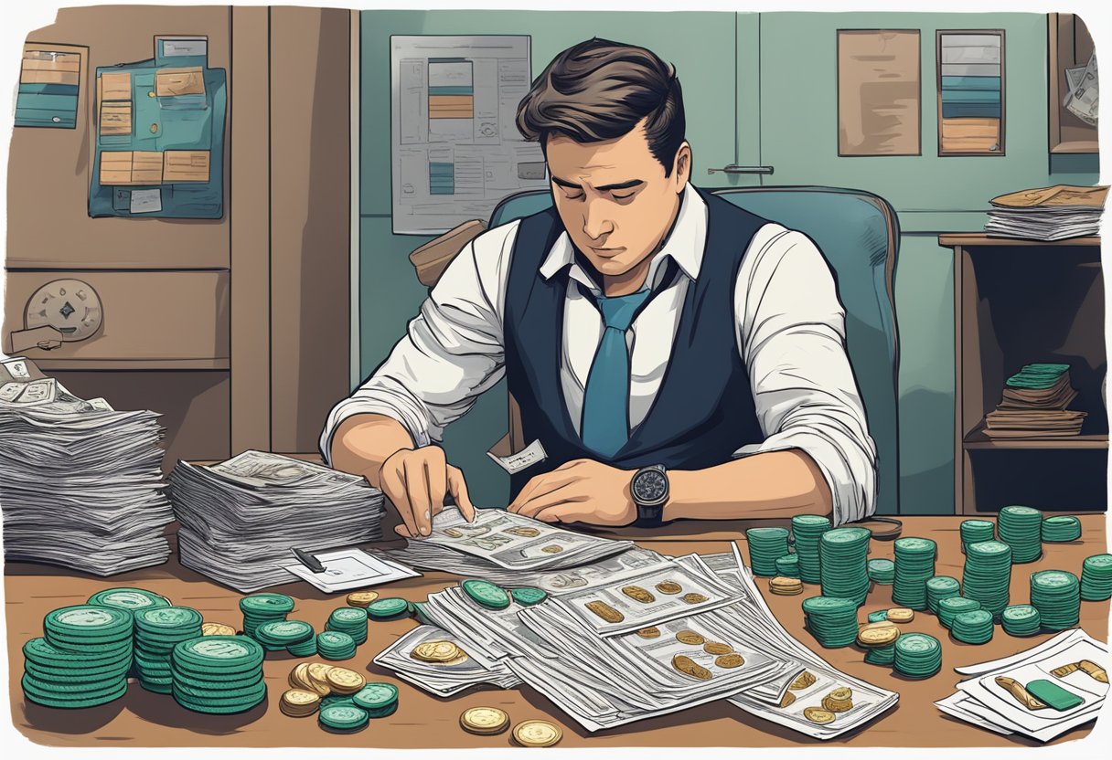 A person looking distressed while surrounded by gambling paraphernalia and financial documents