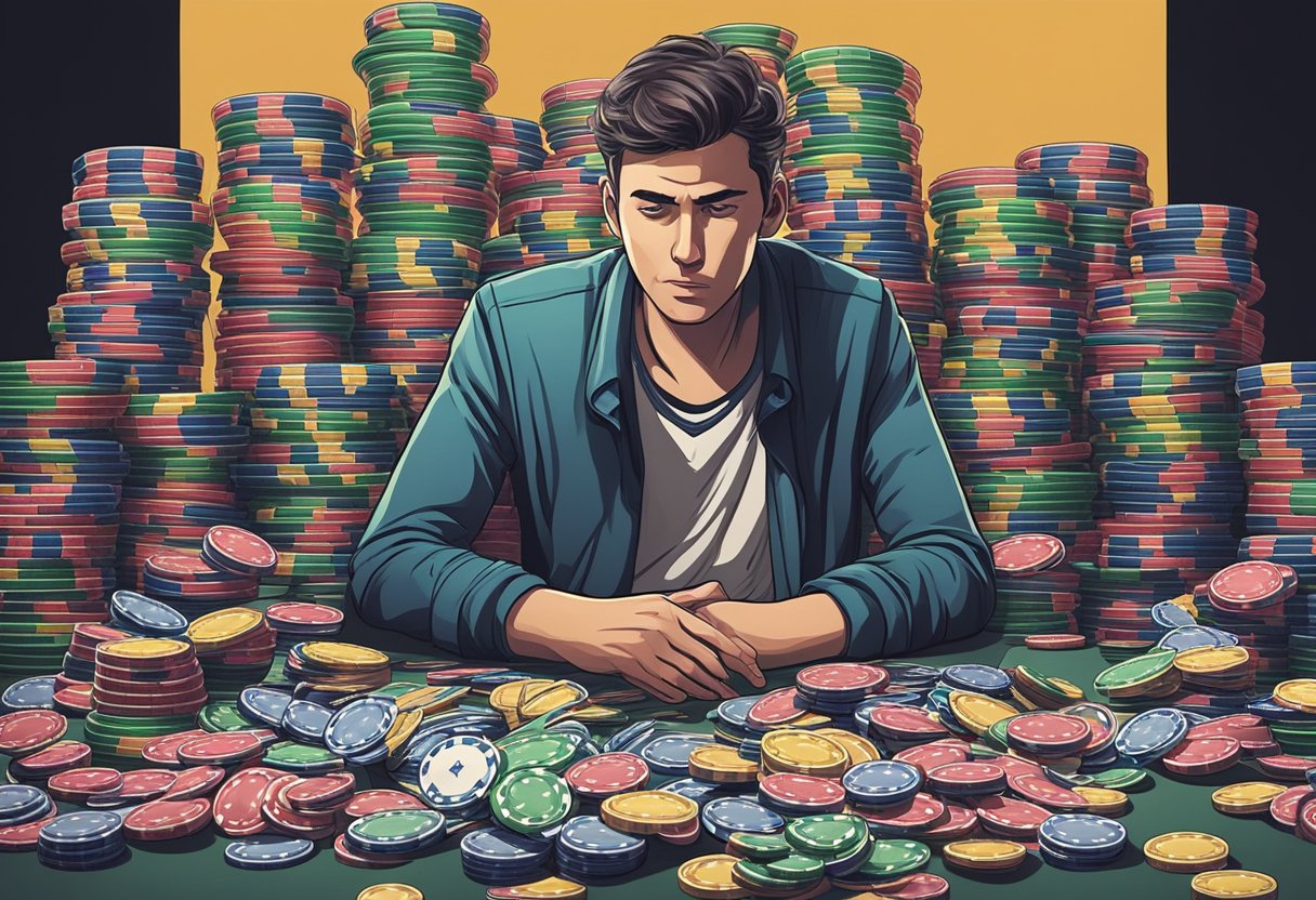 A person surrounded by stacks of gambling chips and cards, with a look of desperation on their face