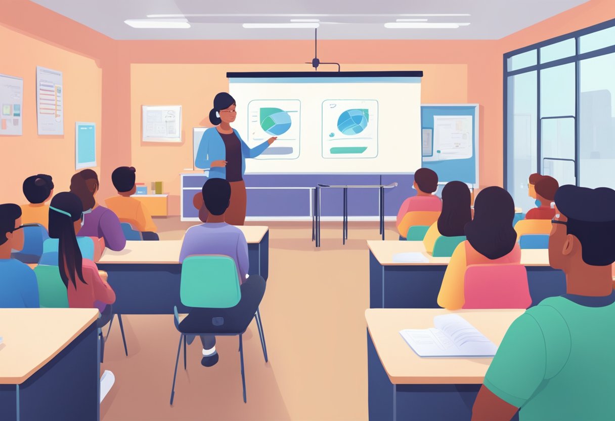 A classroom setting with a teacher using AI to facilitate interactive learning among students