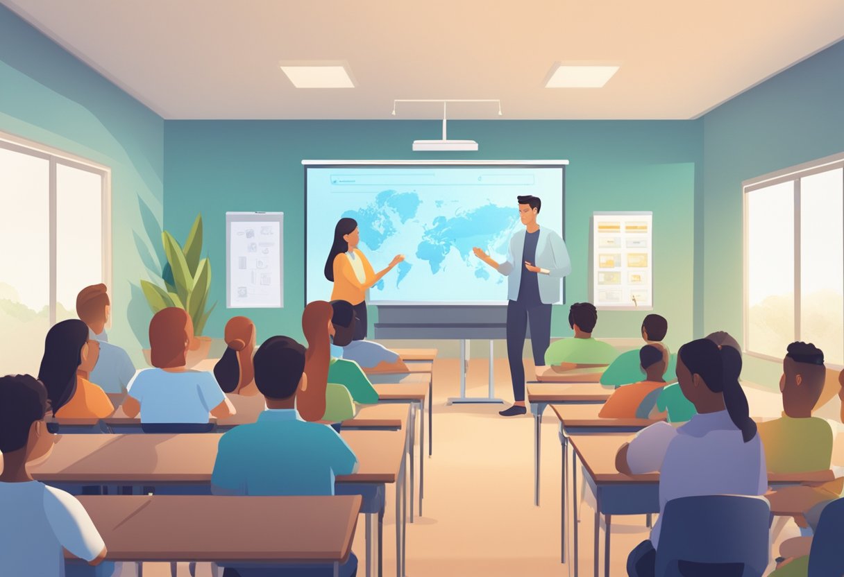 A classroom setting with a teacher and students interacting with AI technology, such as smart boards or educational software, in a responsible and ethical manner