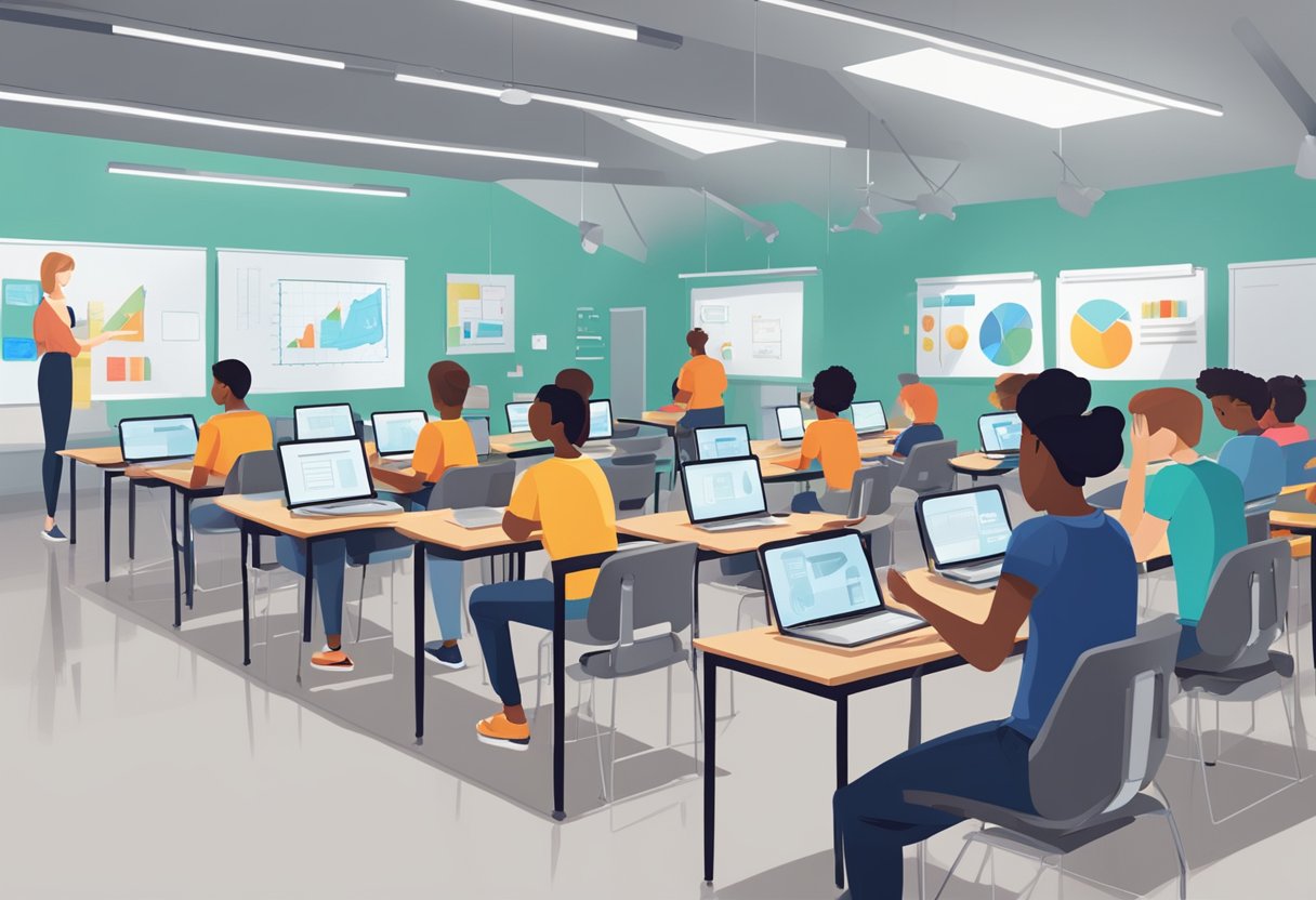 A classroom setting with AI tools integrated into the learning environment. Students and teachers engaging with technology in a responsible and ethical manner