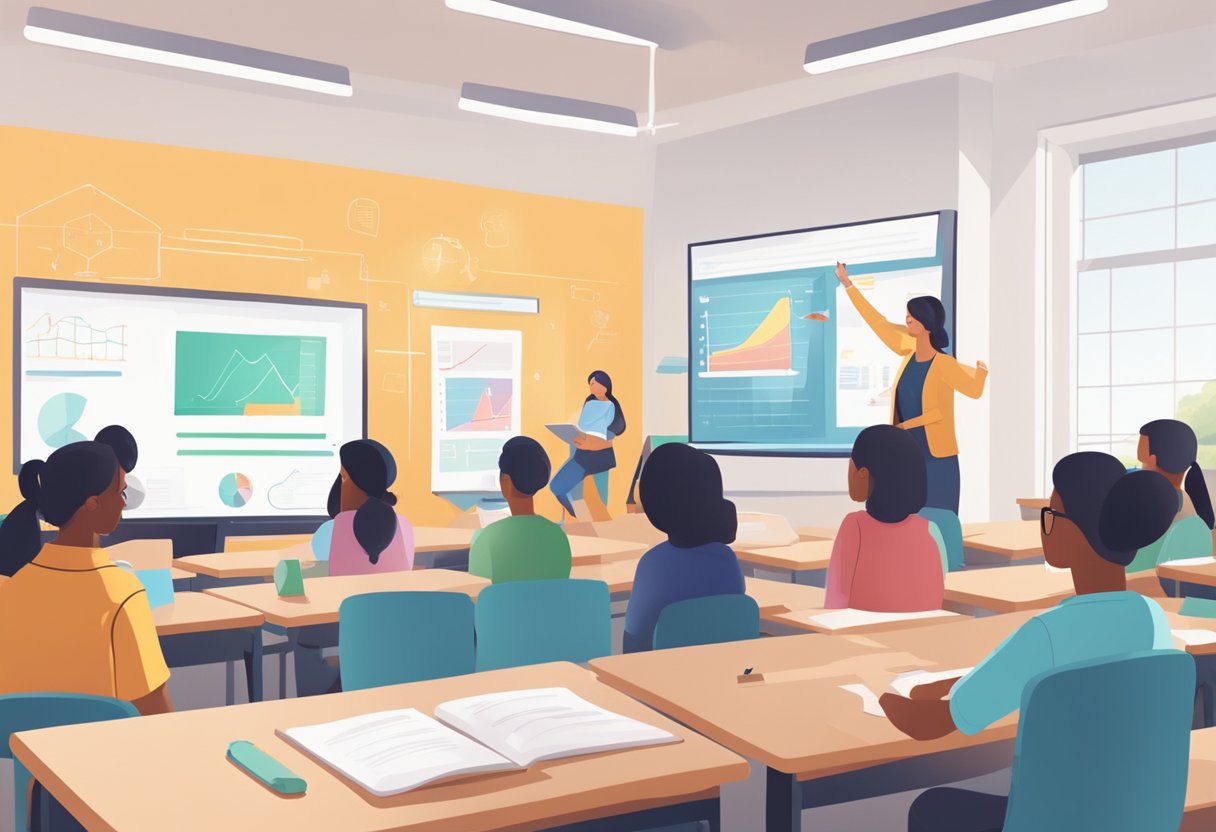 A classroom setting with students using AI technology to research and fact-check information, while a teacher guides them in developing critical thinking skills
