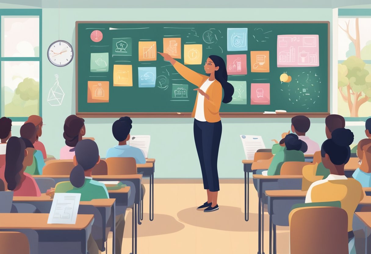 A teacher standing in front of a classroom, pointing to a chalkboard with various images and symbols representing AI and responsible use