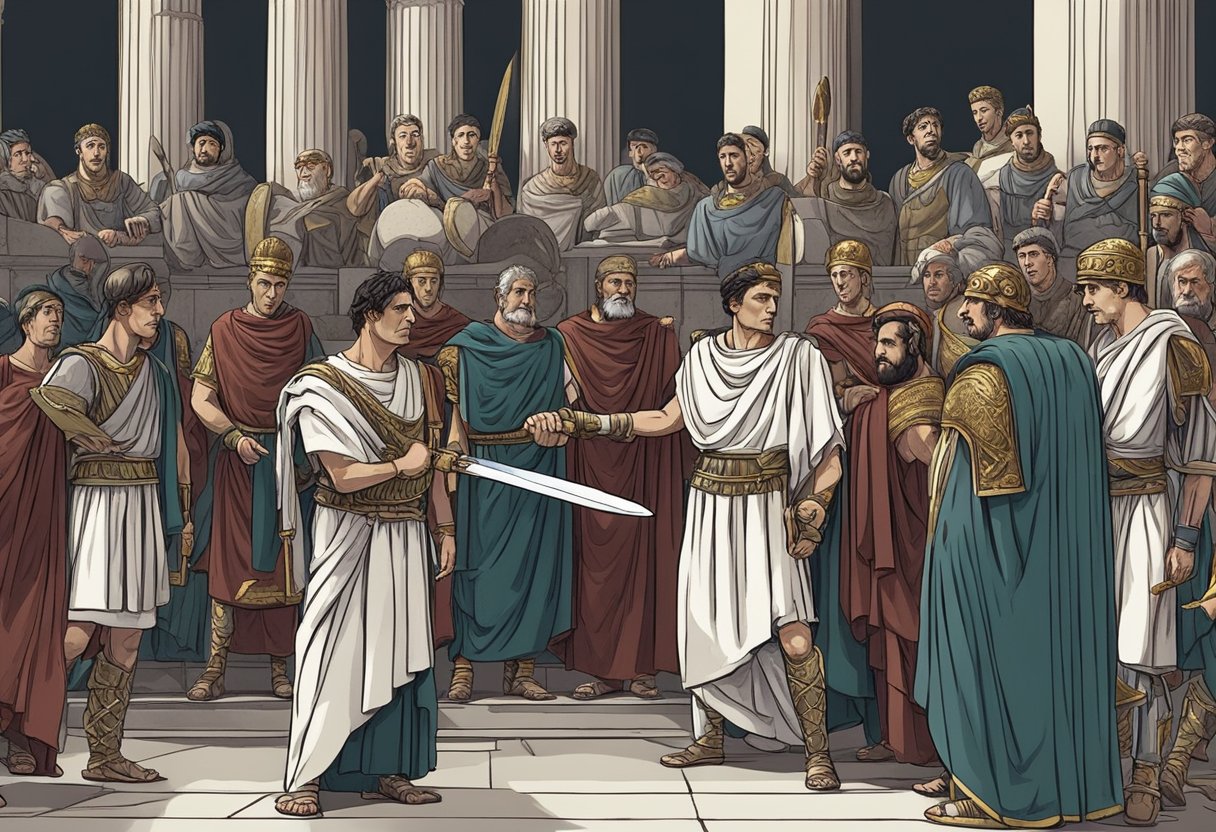 A group of Roman senators surround Julius Caesar, one of them holding a knife. Caesar's shocked expression suggests betrayal