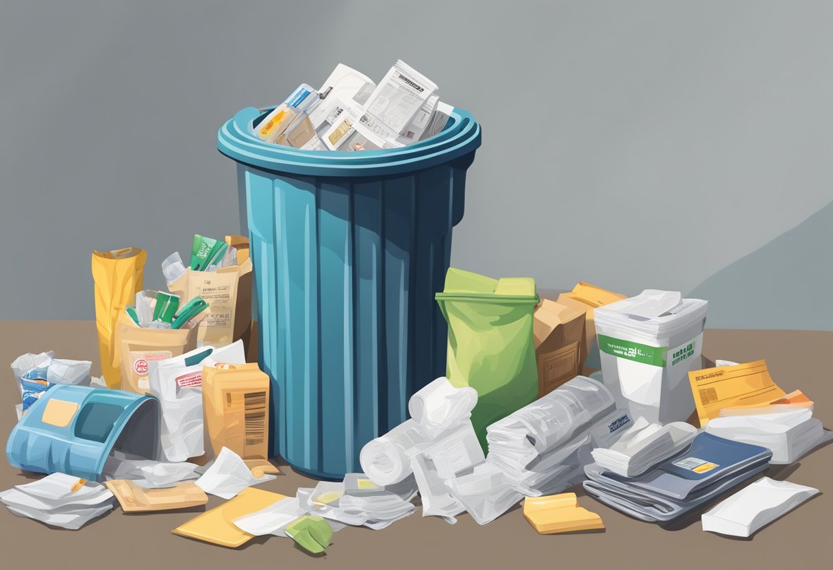 A trash can overflowing with disposable items: plastic packaging, old receipts, expired coupons, and worn-out stationery things minimalists always throw out daily