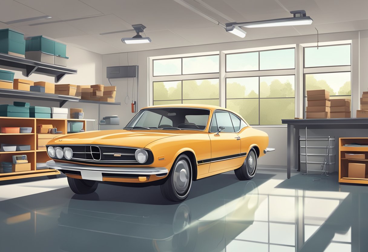 A clean, spacious garage with simple, organized tools and a sleek car