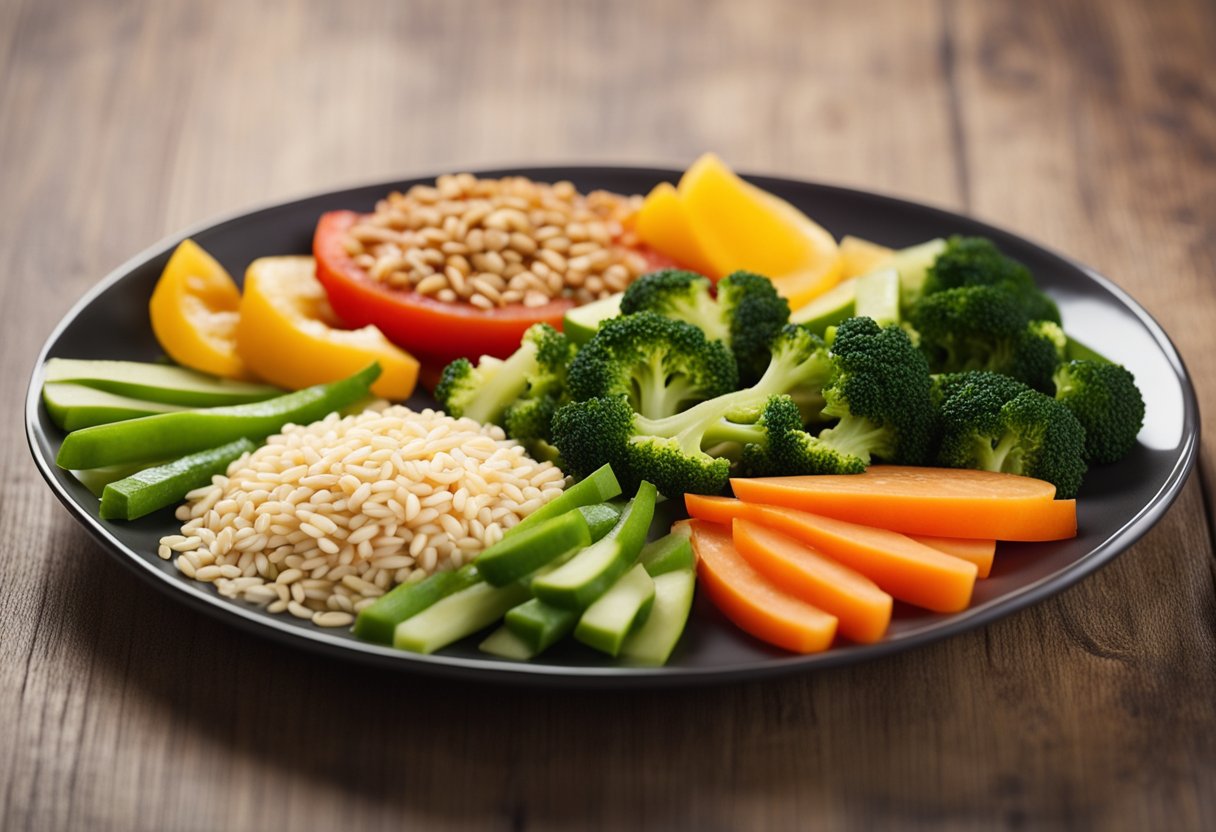 A plate with a balanced meal: half filled with non-starchy vegetables, a quarter with lean protein, and a quarter with whole grains or starchy vegetables