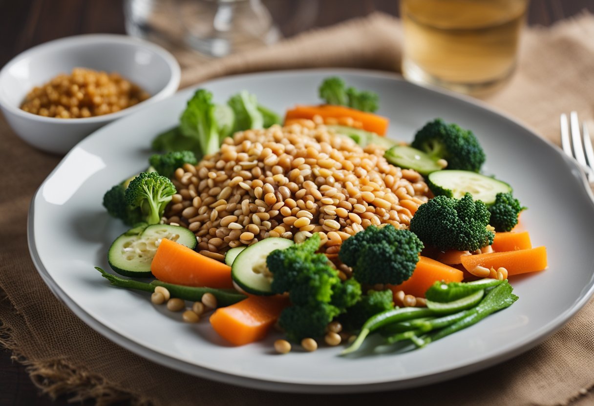 A plate with balanced portions of vegetables, lean protein, and whole grains, accompanied by a glass of water