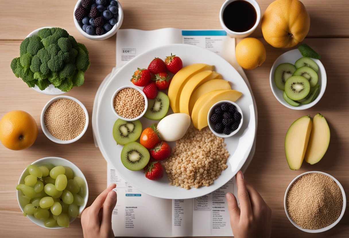 A person studying nutrition labels with a plate of balanced meal options, surrounded by fruits, vegetables, and whole grains