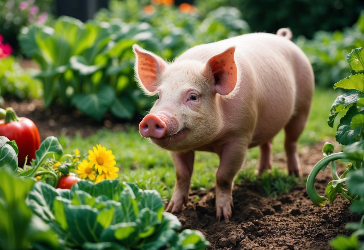 A pig happily rooting around in a lush garden with vegetables and flowers