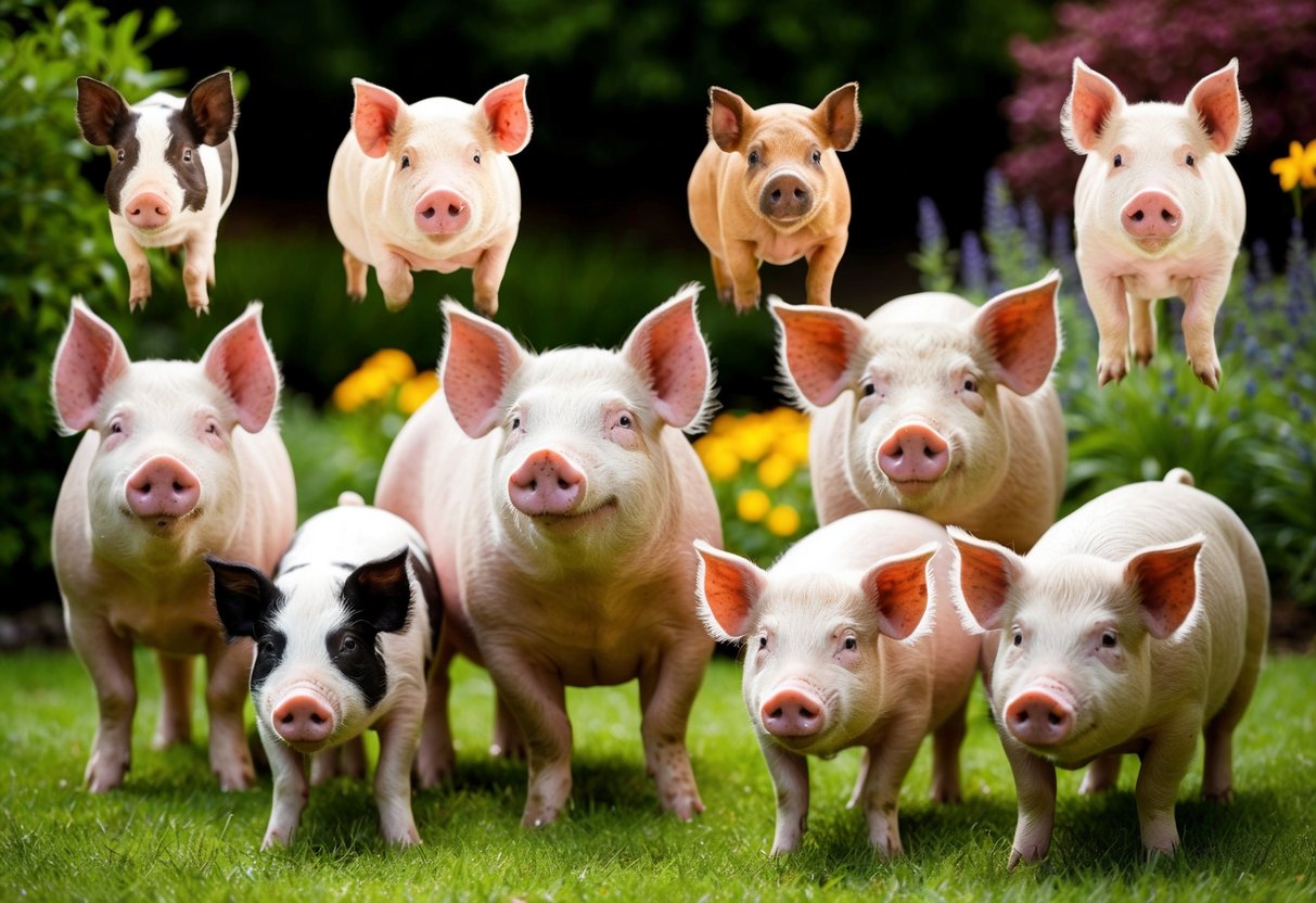 A variety of pig breeds are illustrated in a garden setting, showcasing the options for potential pig owners