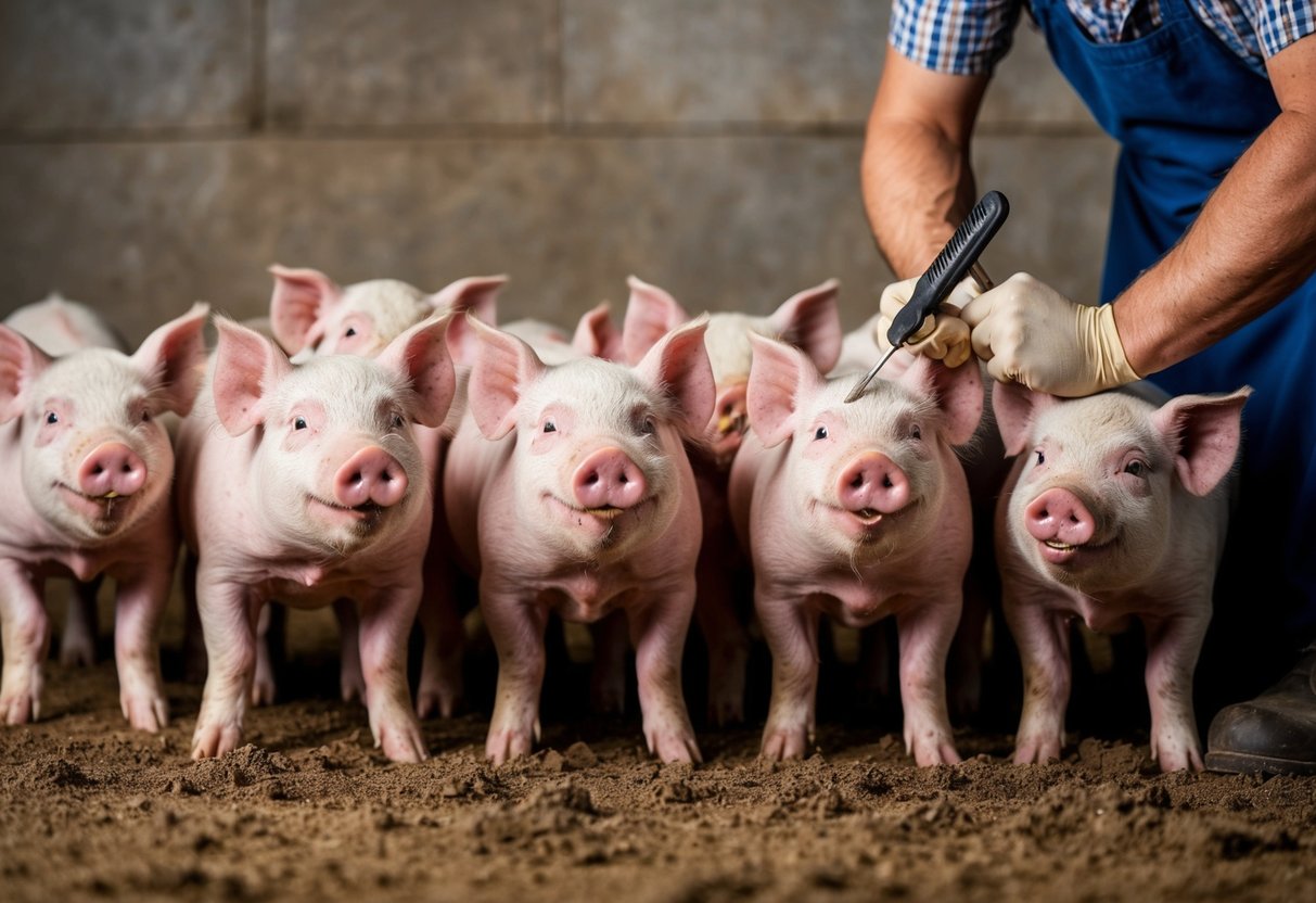 A group of piglets are held down and castrated by a farmer using a scalpel. They squeal in discomfort as the procedure is performed at a young age