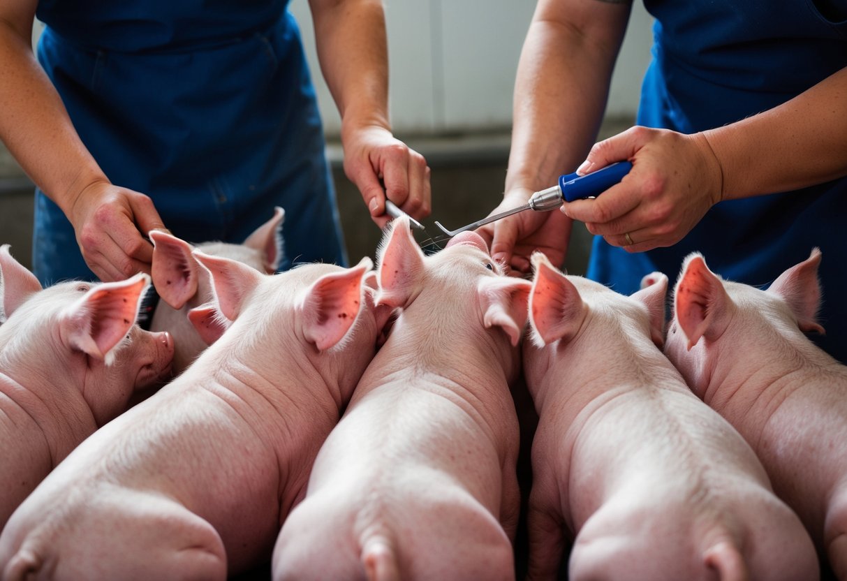 A group of piglets are held down while a person uses a scalpel to castrate them