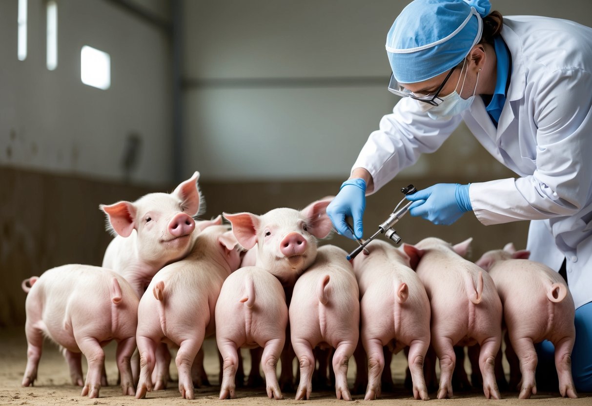 A group of piglets huddle together in a clean, well-lit barn as a veterinarian carefully performs a castration procedure using sterile equipment