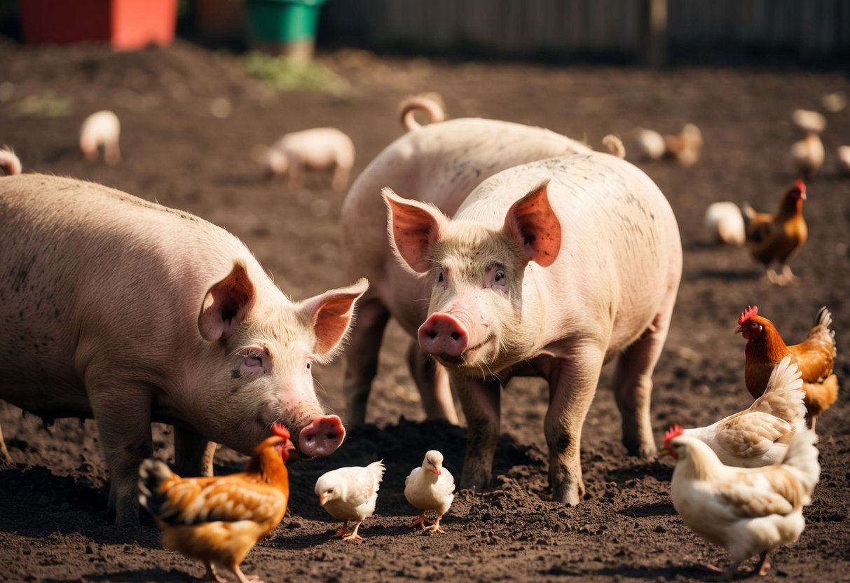 Pigs wallowing in mud while chickens peck at the ground nearby